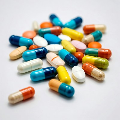 Colorful pills scattered on white surface