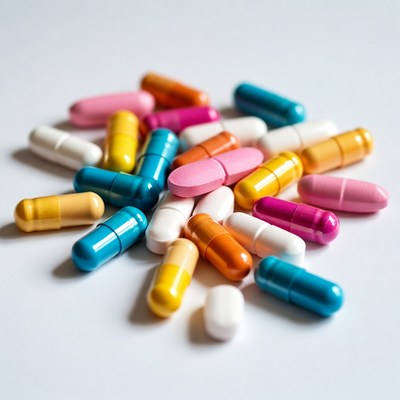 Colorful pills scattered on white background