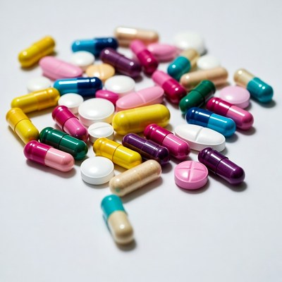 Colorful pills scattered on white surface