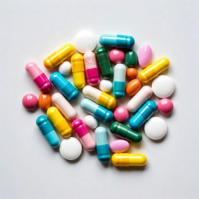Colorful pills scattered on white background
