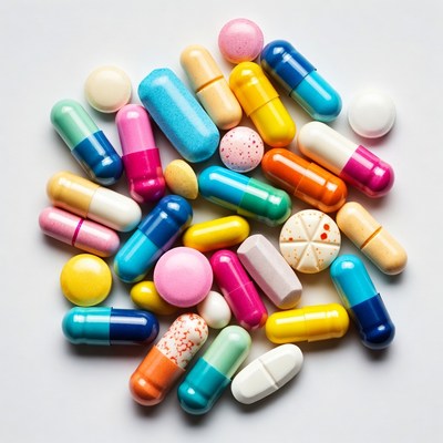 Colorful pills scattered on white background