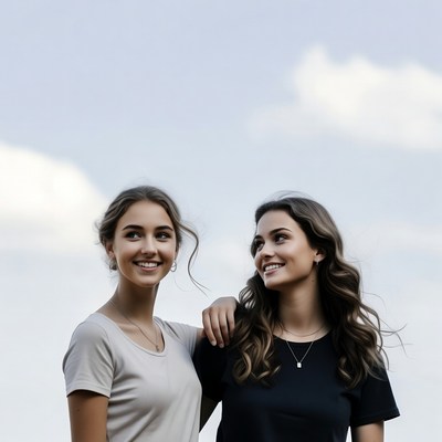 Two smiling women embracing outdoors