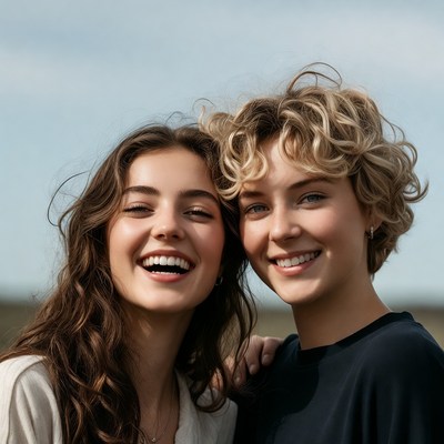 Two Smiling Women Hugging Outdoors