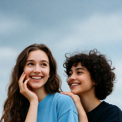 Two smiling women looking up