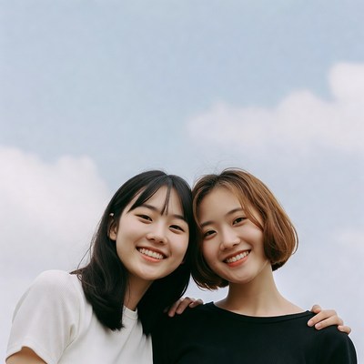 Two smiling Asian women embracing outdoors
