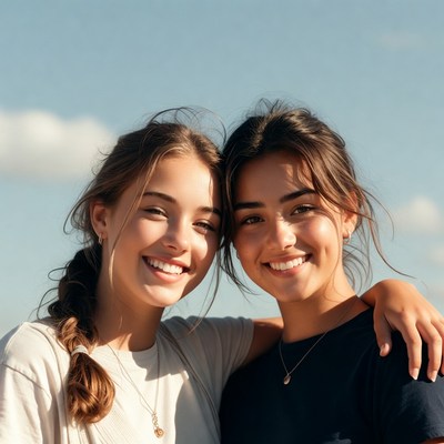 Two smiling teenage girls embracing outdoors