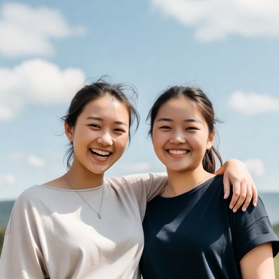 Two Asian girls smiling with arms around shoulders