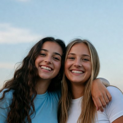Two smiling teenage girls hugging