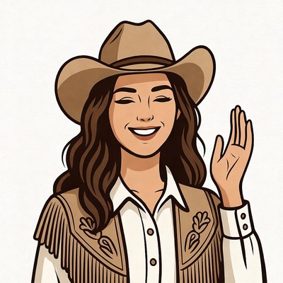 Cowgirl waving in cowboy hat