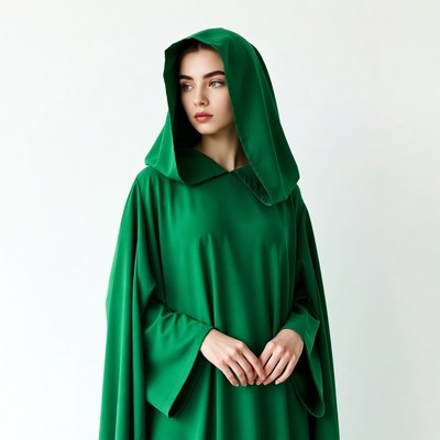 Woman in green hooded cloak