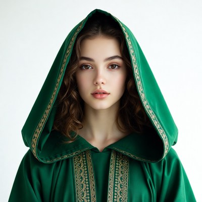 Young woman in green hooded robe