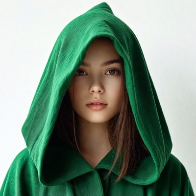 Woman in green hooded cloak