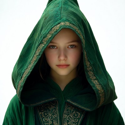 Girl in green hooded cloak
