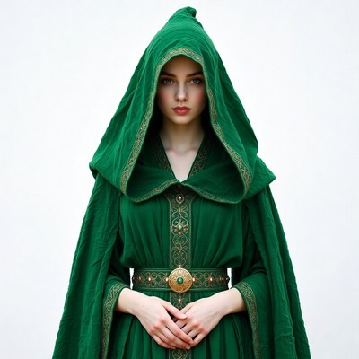 Woman in green hooded cloak