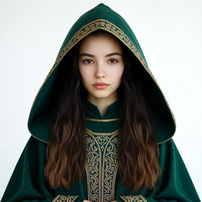 Young woman in green hooded cloak