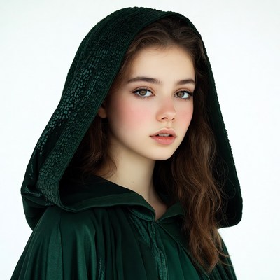 Young woman in green hooded cloak