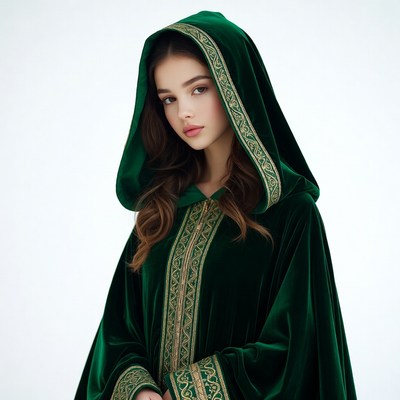 Young woman in green hooded cloak