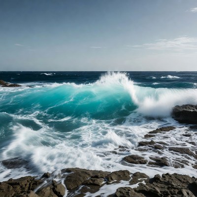 Crashing turquoise waves on rocks