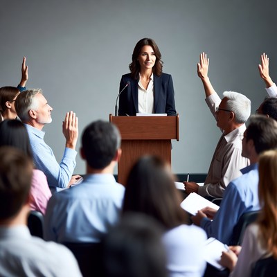 Woman speaking at podium with audience raising hands
