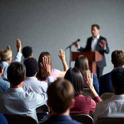 Business meeting with raised hands