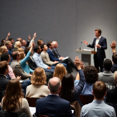 Man Speaking to Audience Raising Hands