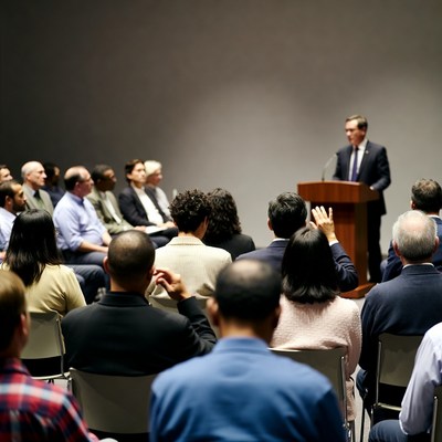 Man speaking at podium to audience