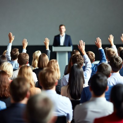 Man speaking at conference with raised hands audience