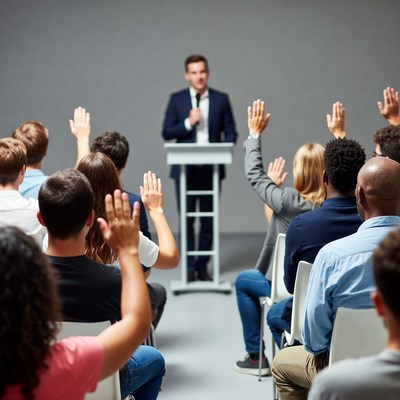 Man speaking to audience raising hands