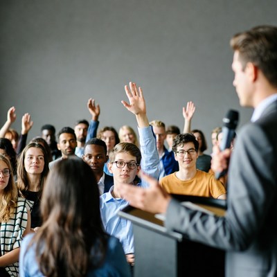 Teacher lecturing diverse students raising hands