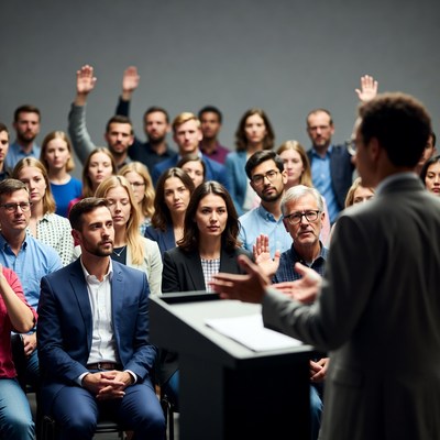 Man speaking at podium to audience