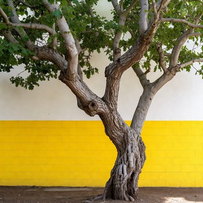 Tree against yellow and white wall