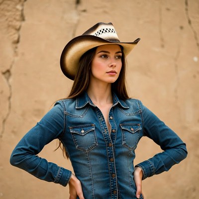 Woman in cowboy hat and denim shirt