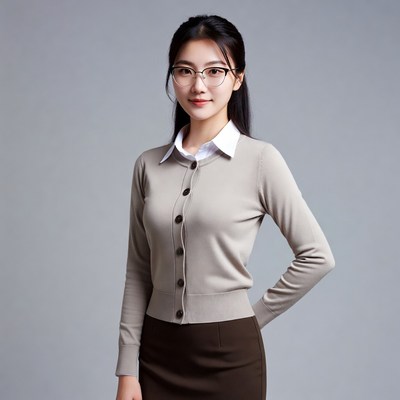 Asian woman in cardigan and skirt