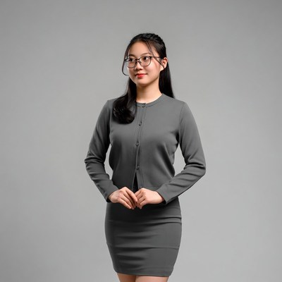 Asian woman in gray skirt suit