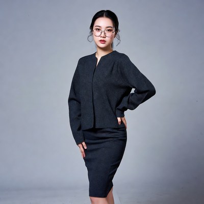 Asian woman in gray suit glasses