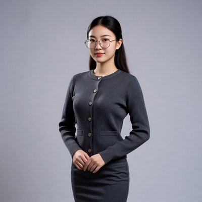 Asian woman in gray cardigan dress