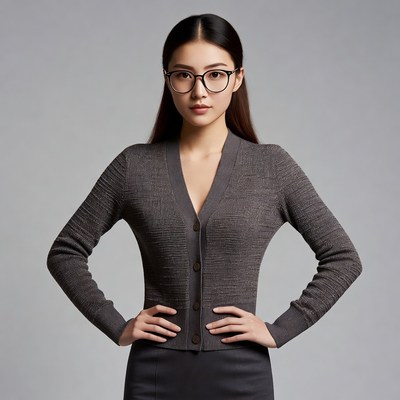 Asian woman in gray cardigan with hands on hips