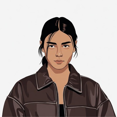 Asian woman in brown leather jacket