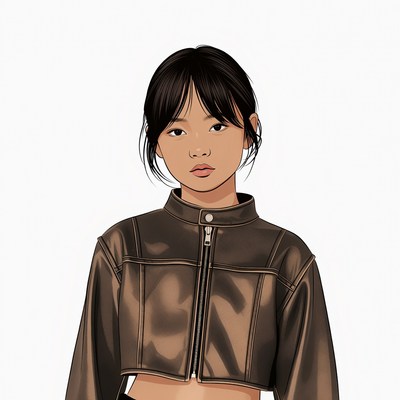 Asian girl in brown leather jacket