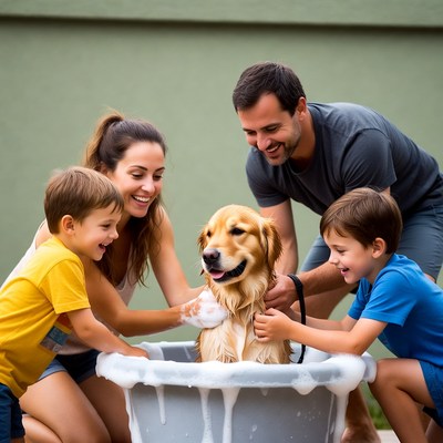 Family washing golden retriever in tub