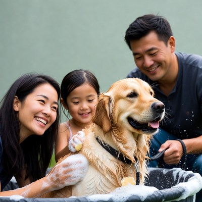 Asian family bathing golden retriever