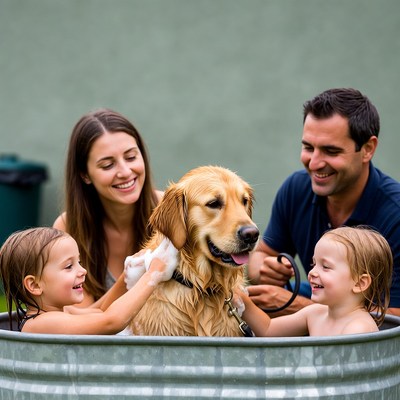 Family bathing golden retriever in tub