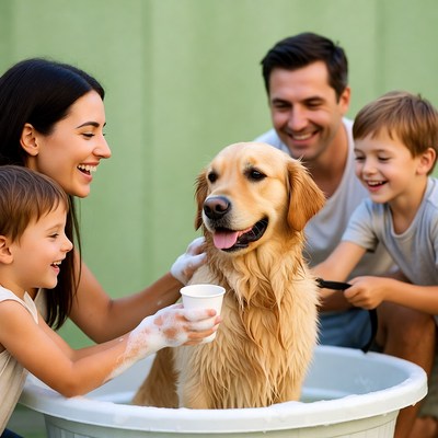 Family Washing Golden Retriever Puppy