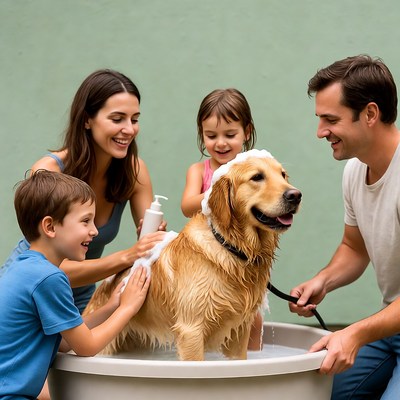 Family bathing golden retriever dog