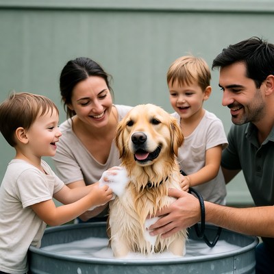 Family bathing golden retriever in tub