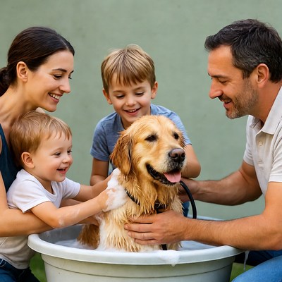 Family washing golden retriever puppy