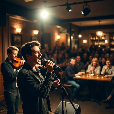 Young man singing microphone live concert