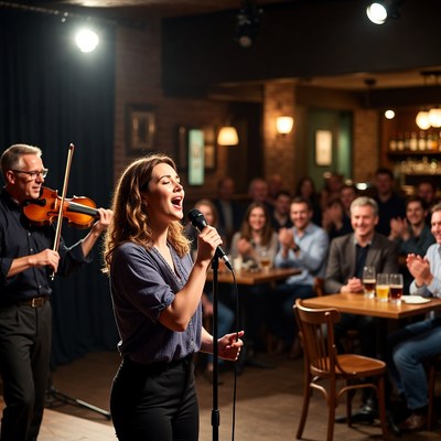 Woman singing with violinist in jazz bar