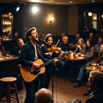 Man and woman performing music in pub
