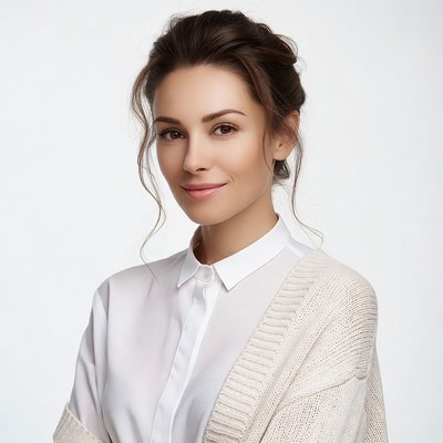 Smiling woman in white shirt and cardigan